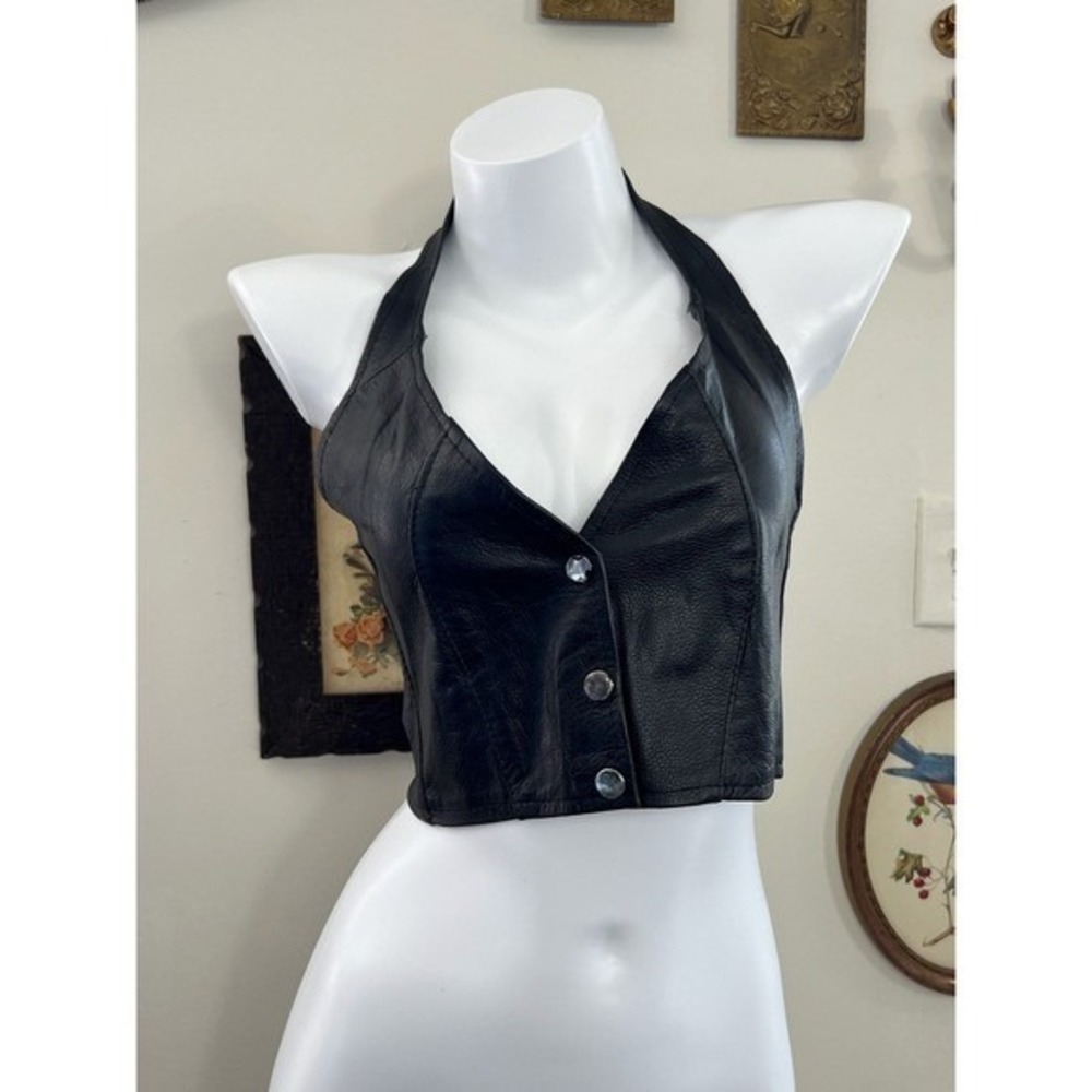 Vintage Black Genuine Leather Halter Cropped Vest Top Size S Biker Y2K